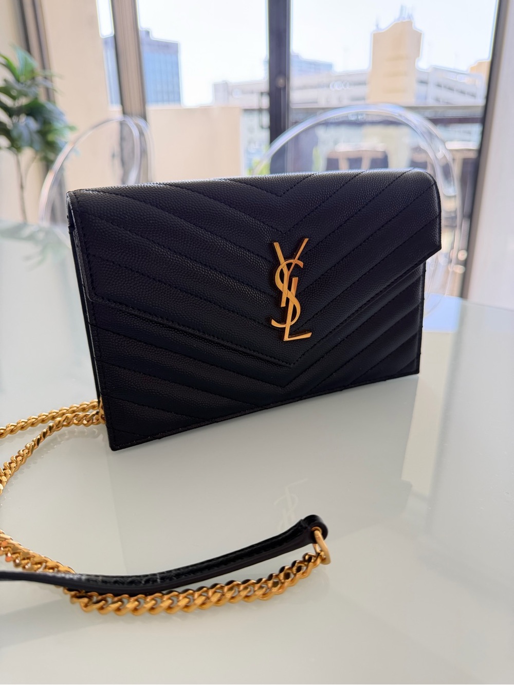 Saint Laurent Black Quilted Leather Crossbody with Gold YSL Chain - Picture 3 of 7